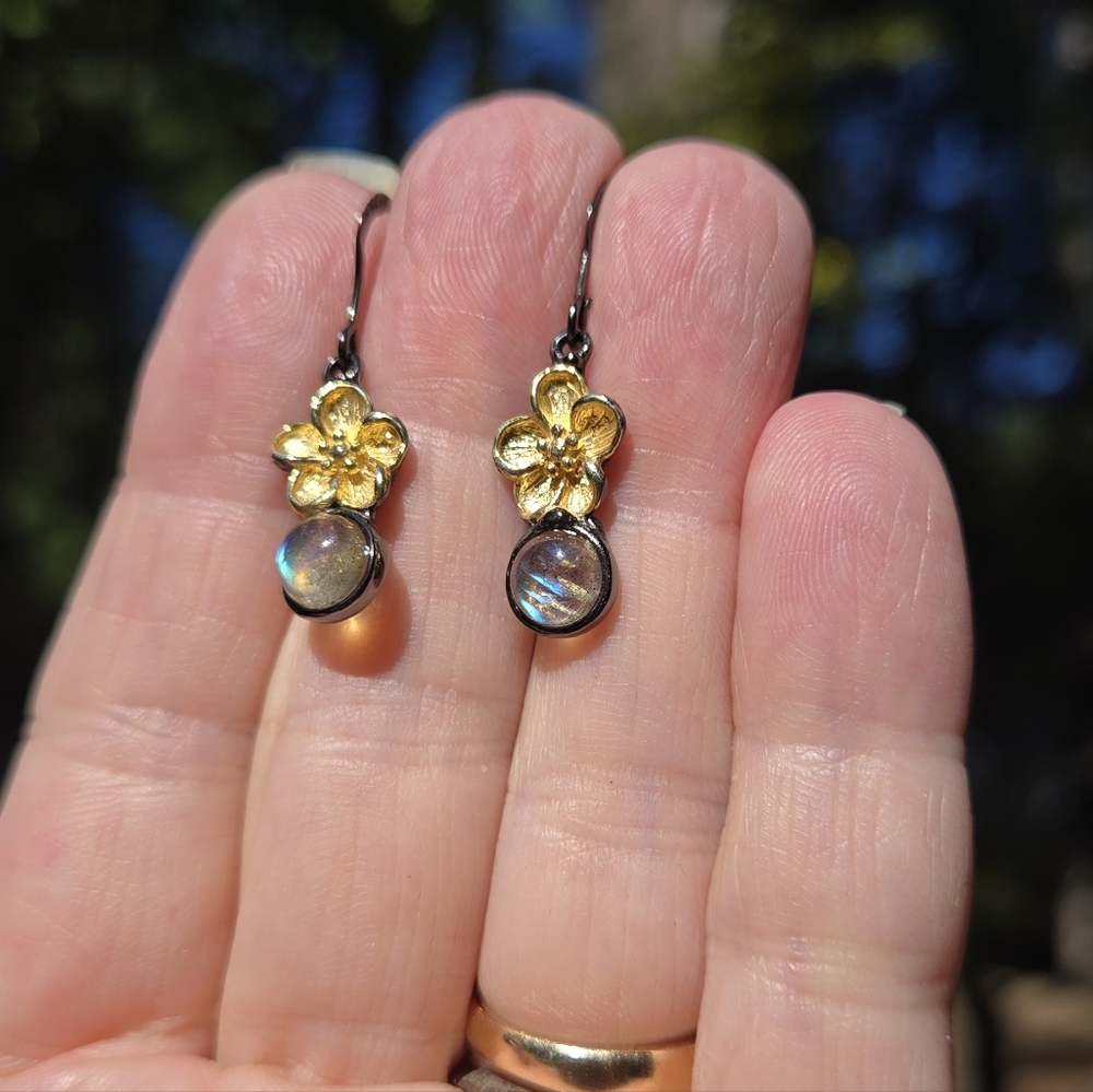 Laboradorite 1k Natural Sterling Rhodium & Gold Cherry Blossom Earrings - Picture 4 of 10